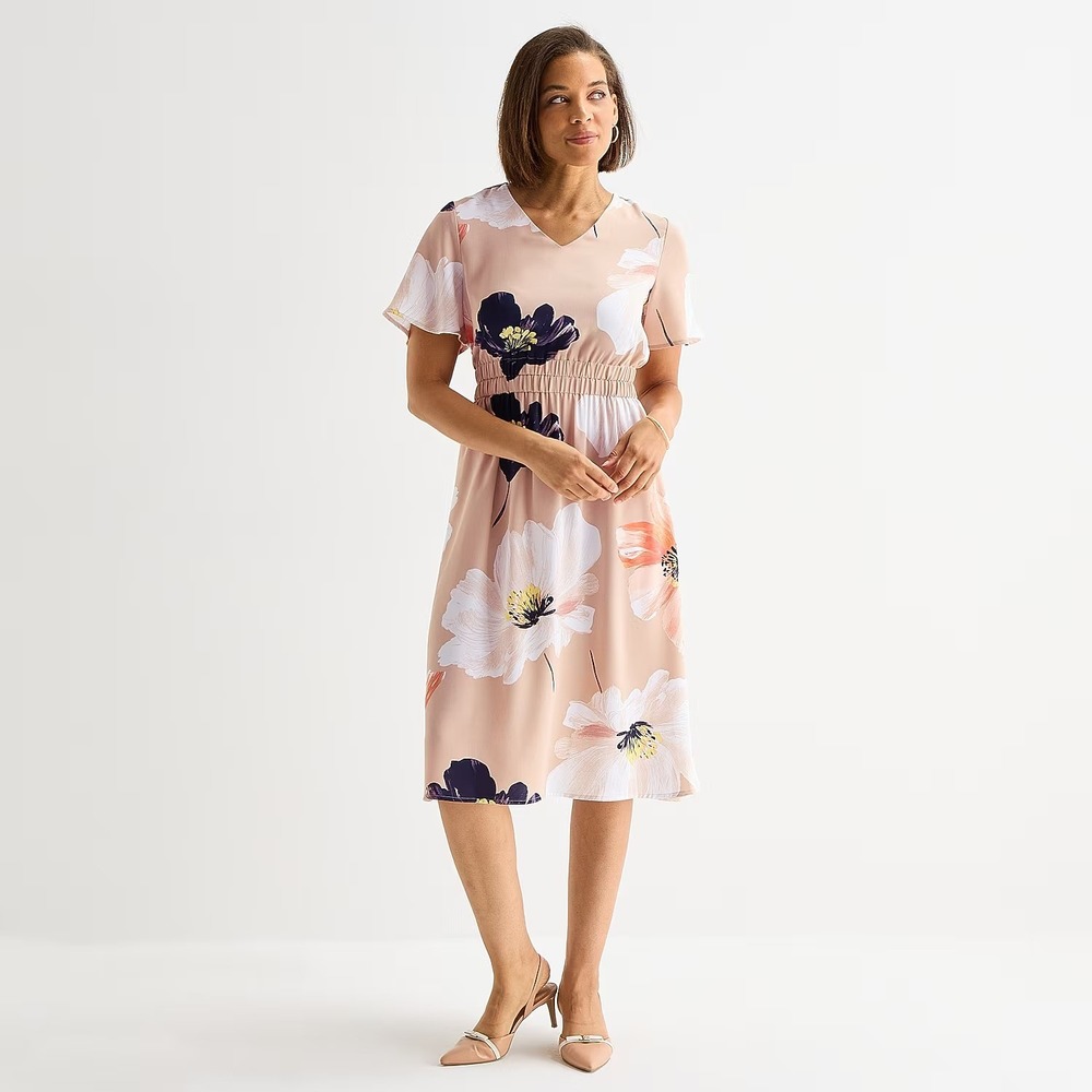 MSRP $84 Liz Claiborne Womens L Tall Beige Floral Midi Flutter Satin Dress V Nec